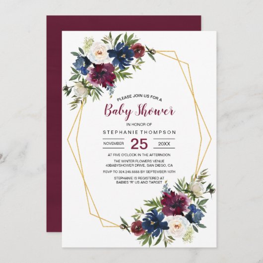 幾何学模様ブルゴーニュ海軍の花ベビーシャワー 招待状 (正面/裏面)