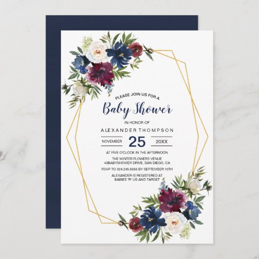 幾何学模様ブルゴーニュ海軍の花ベビーシャワー 招待状 (正面/裏面)