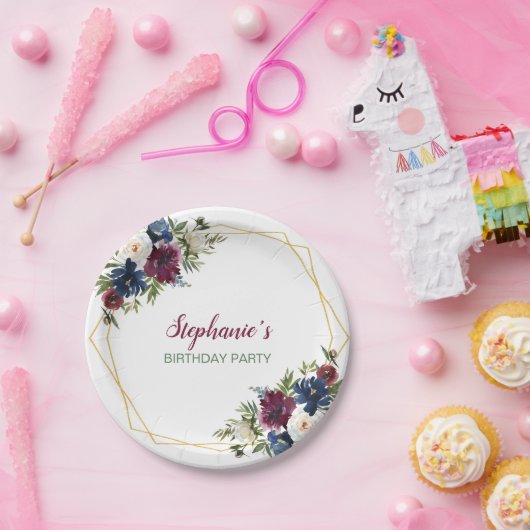 幾何学模様ブルゴーニュ海軍フラワーズ誕生日 ペーパープレート (パーティー)