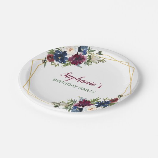 幾何学模様ブルゴーニュ海軍フラワーズ誕生日 ペーパープレート (アングル)