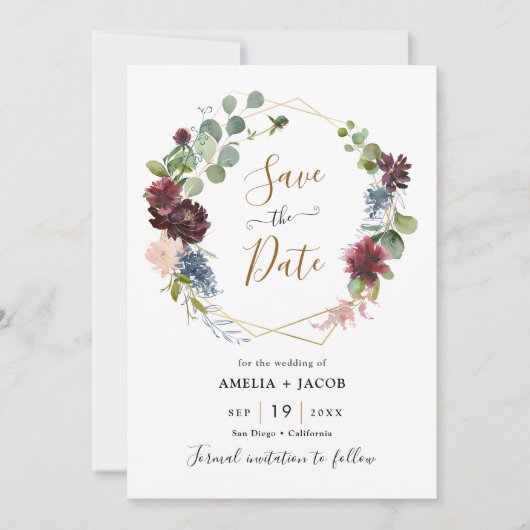 幾何学模様ブルゴーニュ海軍フローラ日付の保存 招待状 (正面)