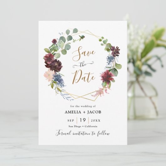 幾何学模様ブルゴーニュ海軍フローラ日付の保存 招待状 (スタンド正面)