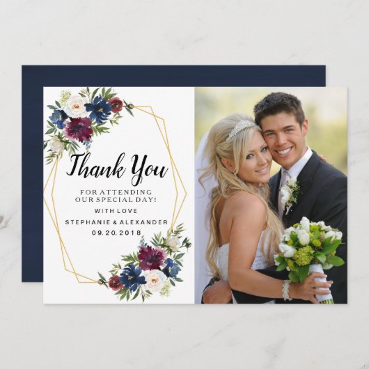 幾何学模様ブルゴーニュ海軍結婚の花 サンキューカード (正面/裏面)