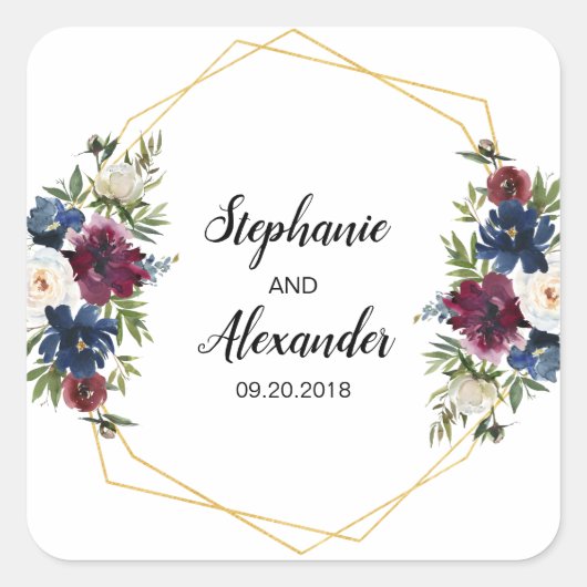 幾何学模様ブルゴーニュ海軍結婚の花 スクエアシール (正面)