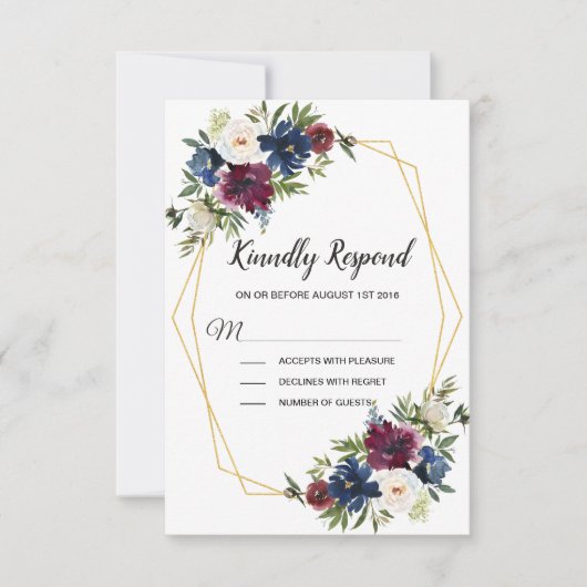 幾何学模様ブルゴーニュ海軍結婚の花 出欠カード (正面)