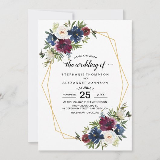 幾何学模様ブルゴーニュ海軍結婚の花 招待状 (正面)