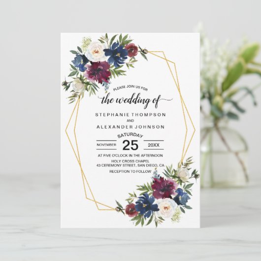 幾何学模様ブルゴーニュ海軍結婚の花 招待状 (スタンド正面)