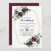 幾何学模様ブルゴーニュ海軍結婚の花 招待状 (正面/裏面)