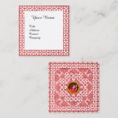 幾何学模様レース赤ルビージェムストーンモノグラムホワイト スクエア名刺 (正面/裏面)