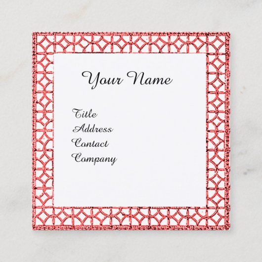 幾何学模様レース赤ルビージェムストーンモノグラムホワイト スクエア名刺 (正面)