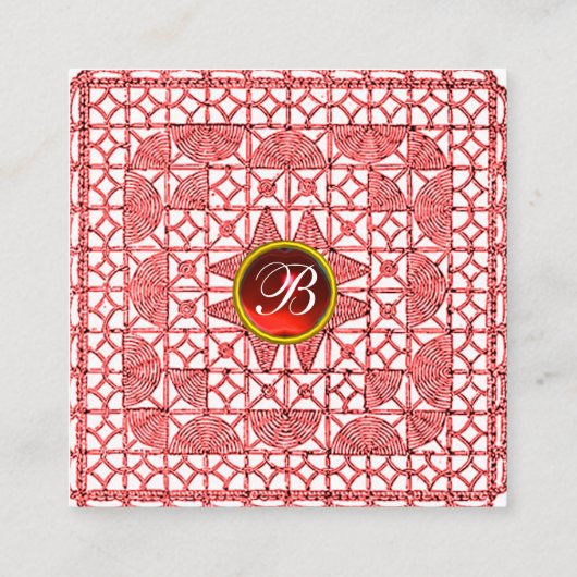 幾何学模様レース赤ルビージェムストーンモノグラムホワイト スクエア名刺 (裏面)