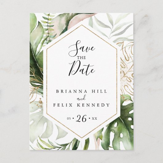 幾何学模様金ゴールド熱帯緑の日を保存 ポストカード (正面)