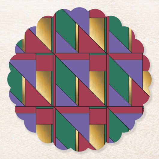 幾何学模様金ゴールド紫色の緑（赤） ペーパーコースター (正面)