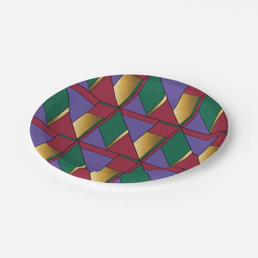 幾何学模様金ゴールド紫色の緑（赤） ペーパープレート (アングル)