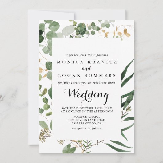 幾何学模様金ゴールド緑の葉の前面と結婚背面 招待状 (正面)