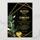 幾何学模様離れが緑と金ゴールド結婚黒 箔招待状 (正面)