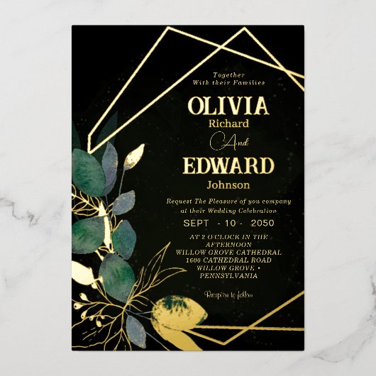 幾何学模様離れが緑と金ゴールド結婚黒 箔招待状 (正面)