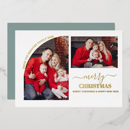 幾何学模様2フォトミニマルモダンリストクリスマスブルー 箔シーズンカード (正面/裏面)