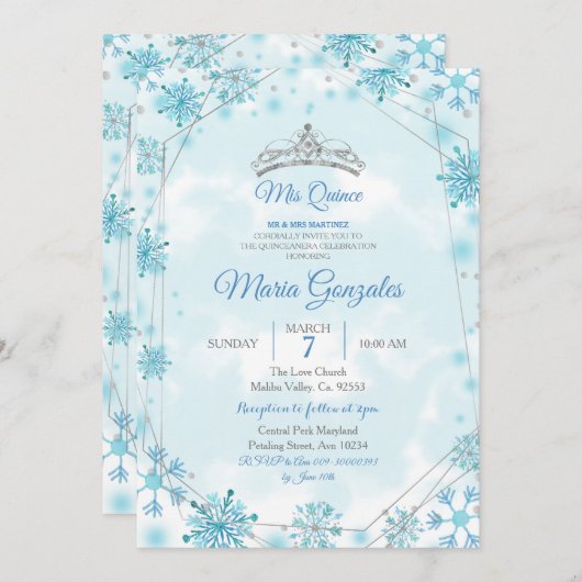 幾何学模様&ブルースノーフレーク甘い15誕生日 招待状 (正面/裏面)