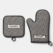 幾何学模様(白黒、名前をカスタムする) 鍋つかみ&鍋敷きセット (正面)