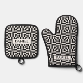 幾何学模様(白黒、名前をカスタムする) 鍋つかみ&鍋敷きセット