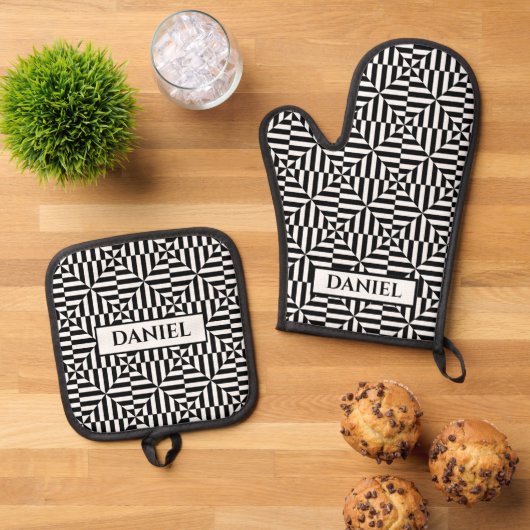 幾何学模様(白黒、名前をカスタムする) 鍋つかみ&鍋敷きセット (トップダウン)