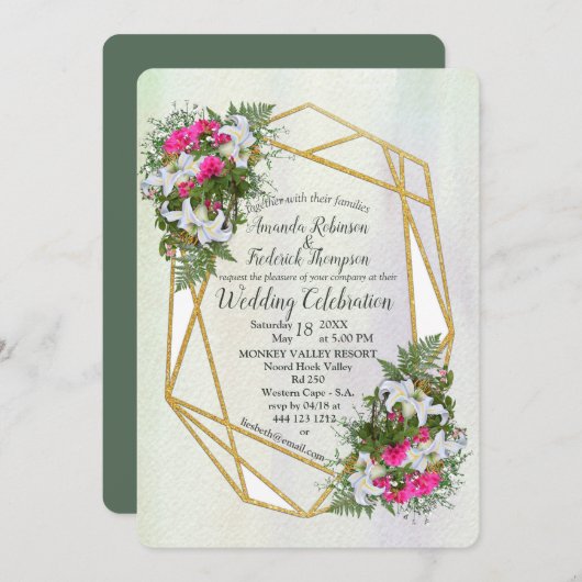 幾何学模様 – 金ゴールドグリッターフラワー結婚式招待状 招待状 (正面/裏面)