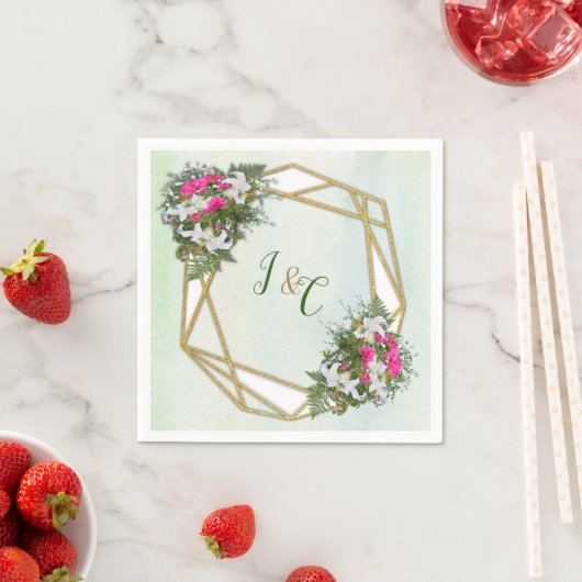 幾何学模様 – 金ゴールドグリッターフレームとフラワーブケット スタンダードカクテルナプキン (インサイチュ)