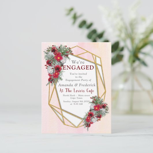 幾何学模様 – 金ゴールドグリッターブルガンディブケッツ インビテーションポストカード (スタンド正面)