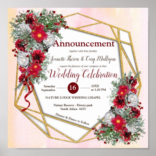 幾何学模様 – 金ゴールドグリッターブルガンディブケッツ ポスター (正面)