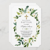 幾何学白く咲くフローラ牡丹バプテスマ 招待状 (正面/裏面)