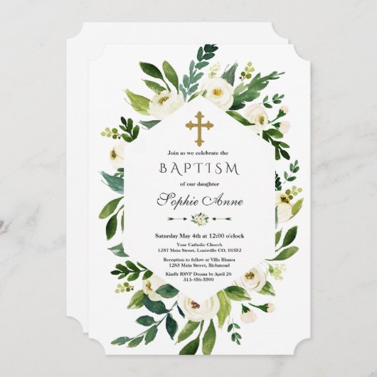 幾何学白く咲くフローラ牡丹バプテスマ 招待状 (正面/裏面)