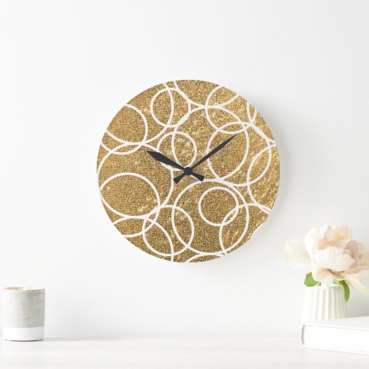 幾何学白丸金ゴールドグリッター抽象芸術 ラージ壁時計 (ホーム)