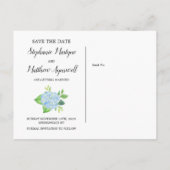 幾何学的あじさいフローラ結婚式の日付を保存 案内ポストカード (裏面)