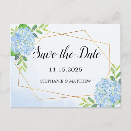 幾何学的あじさいフローラ結婚式の日付を保存 案内ポストカード (正面)