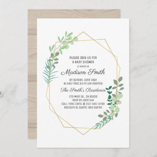 幾何学的および緑のベビーシャワー招待状 招待状 (正面/裏面)