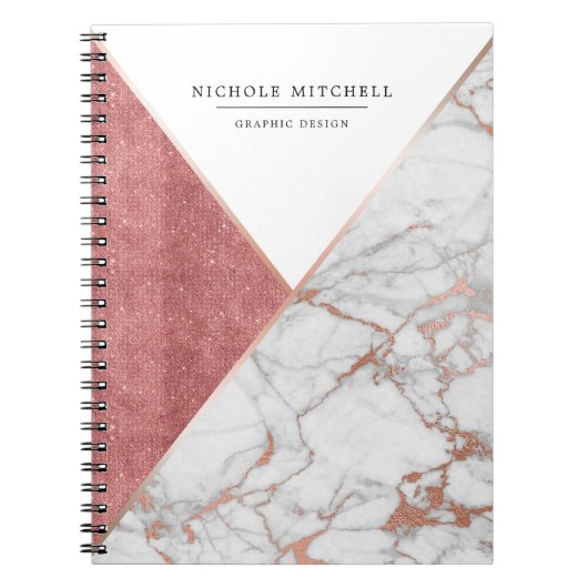 幾何学的できらめくなピンクおよび金ゴールドの大理石のノート ノートブック (正面)