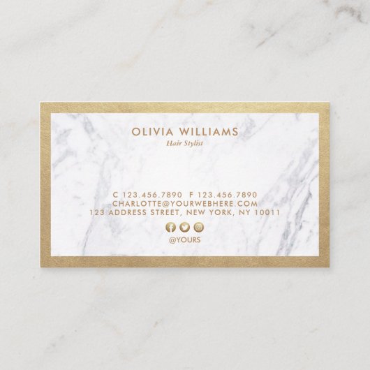幾何学的でシックな金ゴールドのはさみの大理石の美容師 名刺 (裏面)