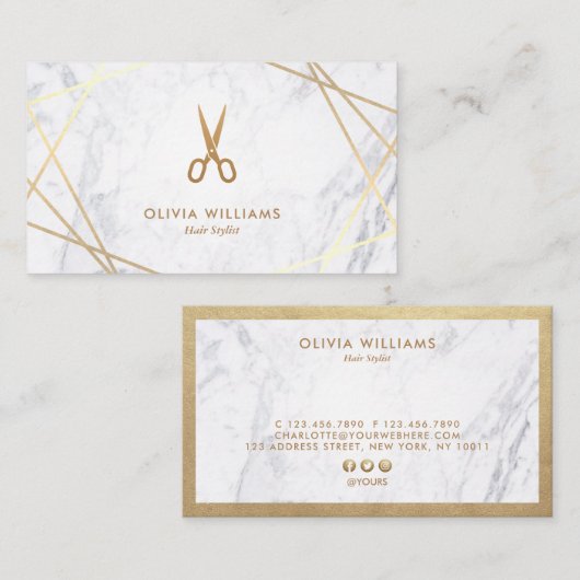 幾何学的でシックな金ゴールドのはさみの大理石の美容師 名刺 (正面/裏面)