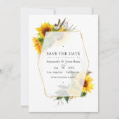 幾何学的なひまわりが可愛らしい、田舎風の納屋でのカントリーウェディング セーブザデート (正面)