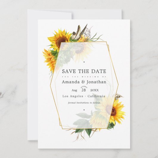 幾何学的なひまわりが可愛らしい、田舎風の納屋でのカントリーウェディング セーブザデート (正面)