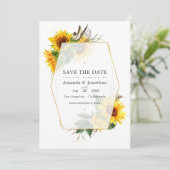 幾何学的なひまわりが可愛らしい、田舎風の納屋でのカントリーウェディング 招待状 (スタンド正面)