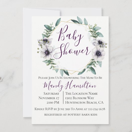 幾何学的なアネモネ ユーカリ ベビーシャワー 招待状 (正面)