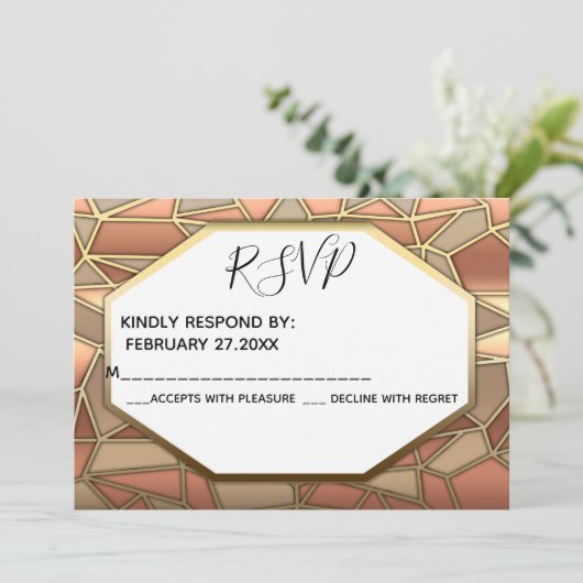 幾何学的なアートデコルクス金ゴールド結婚/ブロンズのRSPV 招待状 (スタンド正面)