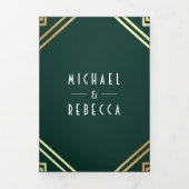 幾何学的なアートデコ エメラルド ゴールド QR コード ウェディング 三つ折り招待状 (カバー)