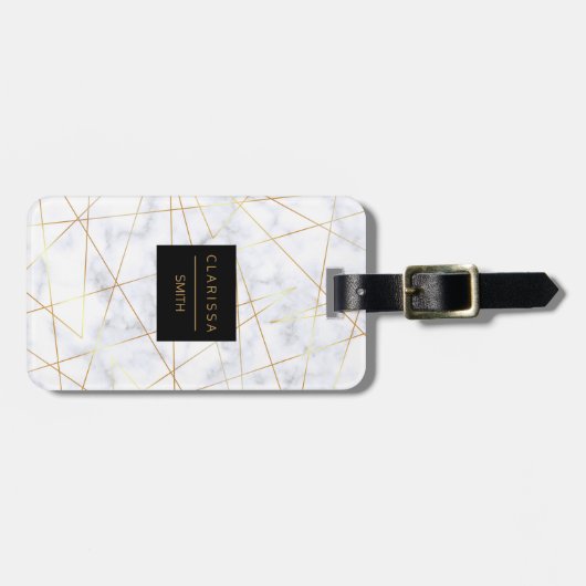 幾何学的なエレガントなひよこの白い大理石のフェイクな金ゴールド ラゲッジタグ (正面横)