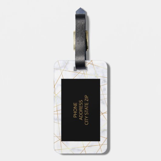幾何学的なエレガントなひよこの白い大理石のフェイクな金ゴールド ラゲッジタグ (裏面縦)