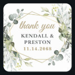 幾何学的なエレガント緑の金ゴールド結婚に感謝 スクエアシール<br><div class="desc">デザインはユーカリ、多糖、緑の要素をダスティなセージとブルー/グレーの色合いで印刷された金ゴールド色の幾何学的なテラリウム縁どリースフレームです。</div>