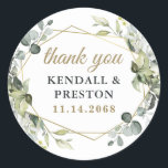幾何学的なエレガント緑の金ゴールド結婚に感謝 ラウンドシール<br><div class="desc">デザインはユーカリ、多糖、緑の要素をダスティなセージとブルー/グレーの色合いで印刷された金ゴールド色の幾何学的なテラリウム縁どリースフレームです。</div>