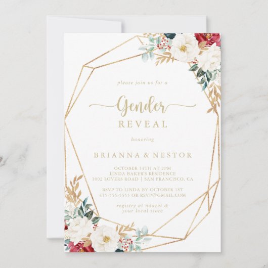 幾何学的なクラシック金ゴールドフローラ性別によるパーティーの表示 招待状 (正面)